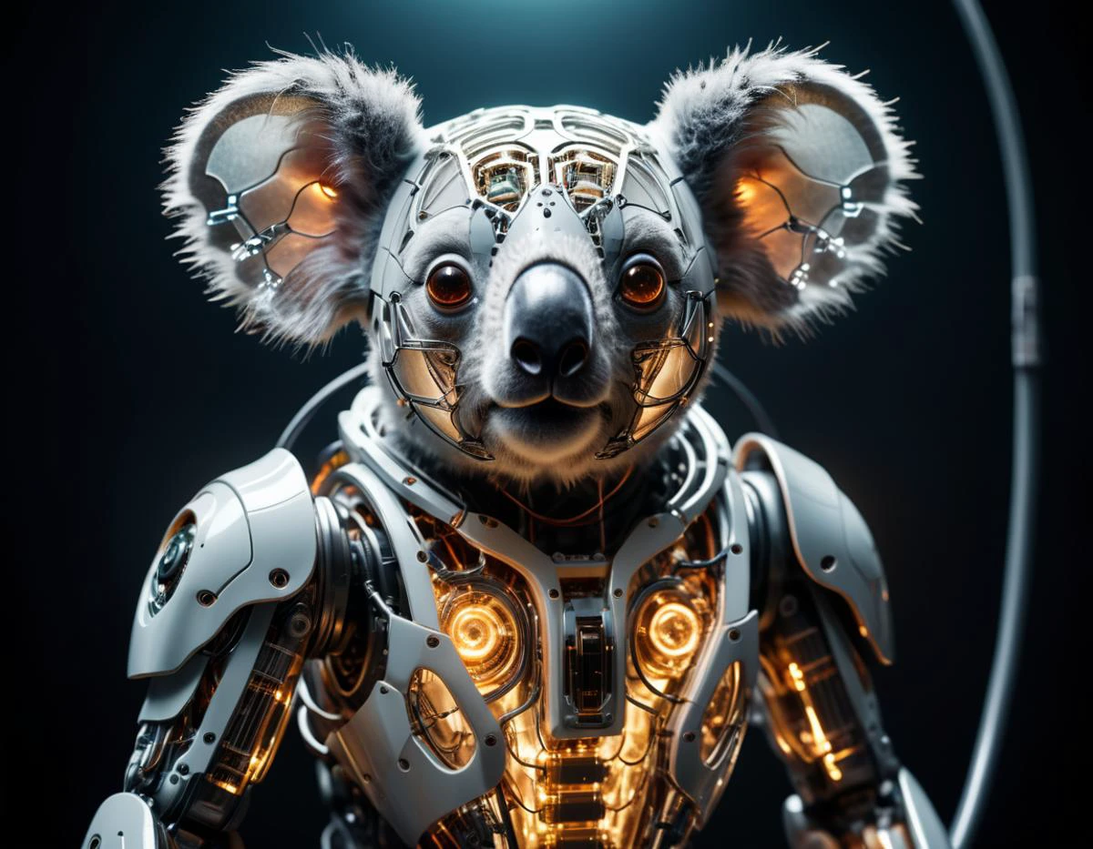 film cinématographique encore d&#39;un translucide (Koala cybernétique ressemblant à un robot:1.5), (veines rougeoyantes:1.3) (câbles entrant dans le corps, circuits:1.3), extrêmement détaillé, vignette, très détaillé, budget élevé, bokeh, lunatique, épique, magnifique, grain de film, granuleux