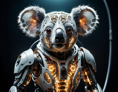 cinematic film still of a translucent (cybernetic robot-like Koala:1.5), (glowing veins:1.3) (cables going into body, circuits:1.3), extremely detailed, <lora:xl_more_art-full_v1:0.5>, vignette, highly detailed, high budget, bokeh, moody, epic, gorgeous, film grain, grainy