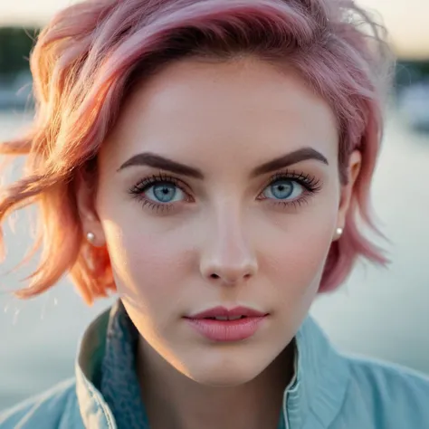 a close up of a woman with pink hair and blue eyes