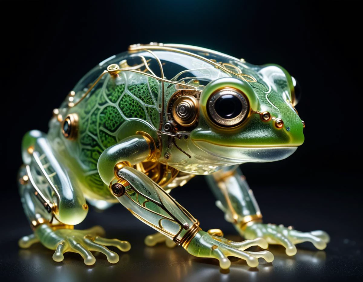 cinematic film still of a translucent (cybernetic robot-like Glass frog:1.5), (glowing veins:1.3) (cables going into body, circuits:1.3), extremely detailed, vignette, highly detailed, high budget, bokeh, moody, epic, gorgeous, film grain, grainy