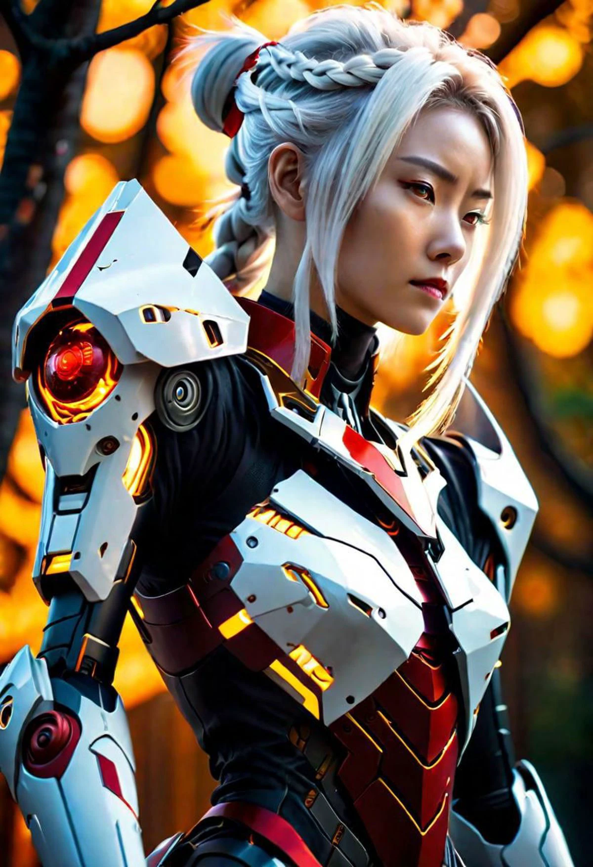 anime game, a beautiful woman with white face and white hair in a braid and red forehead ribbon, she is wearing a white futuristic darkness god radiance god mech armor burning and smoking destroyed radiance boss golden Titan Cyberpunk Venom Evangelion mech wreck with red trim, she is standing, sunlit, weak lights and shadows, tree canopy