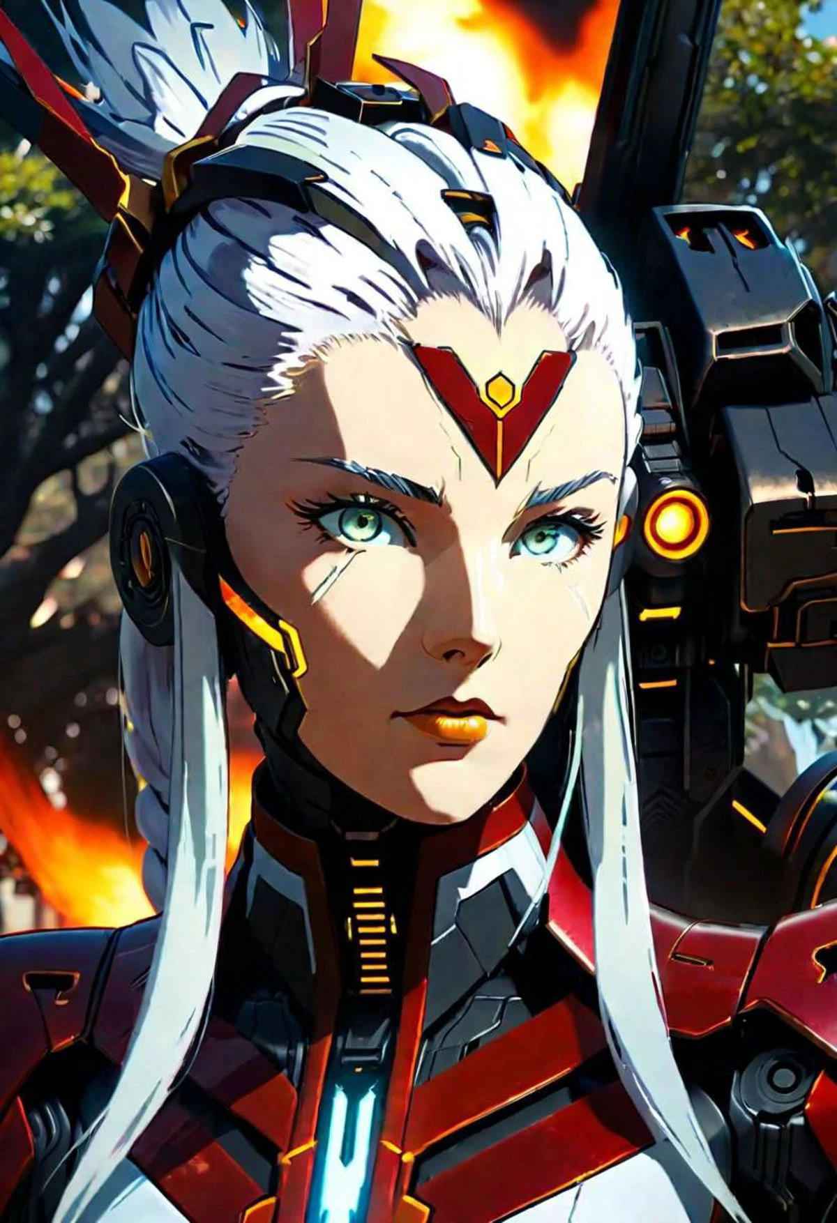 anime game, close up, a beautiful woman with white face and white hair in a braid and red forehead ribbon, she is wearing a white futuristic darkness god radiance god mech armor burning and smoking destroyed radiance boss golden Titan Cyberpunk Venom Evangelion mech wreck with red trim, she is standing, sunlit, weak lights and shadows, tree canopy