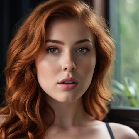 a close up of a woman with red hair and a black bra top