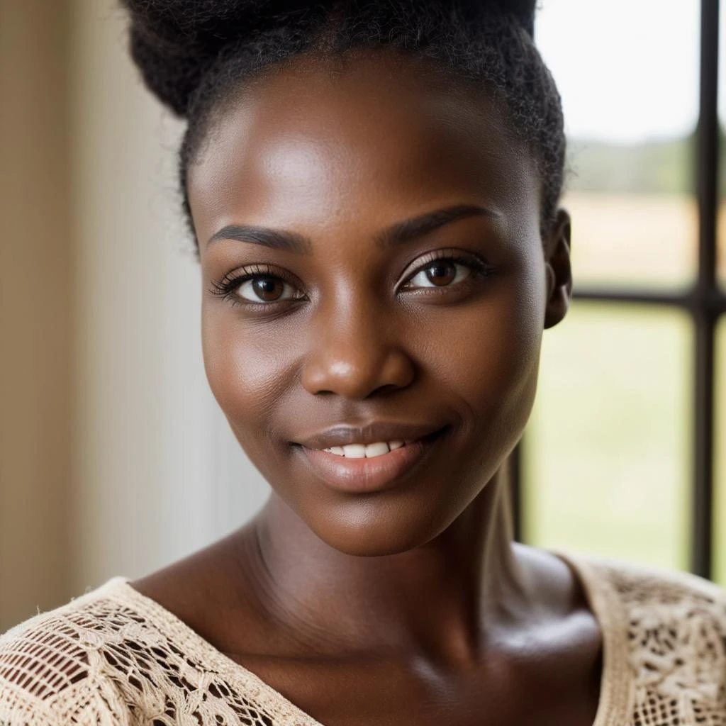 Retrato de rosto em close-up:1.3) de uma mulher ganesa sorridente de 27  anos com cabelo preto natural médio, olhos castanhos arregalados, Rosto  quadrado, Nariz torcido, mandíbula definida - SeaArt AI