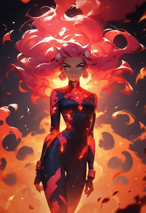 a woman with pink hair and a black suit standing in front of a fire