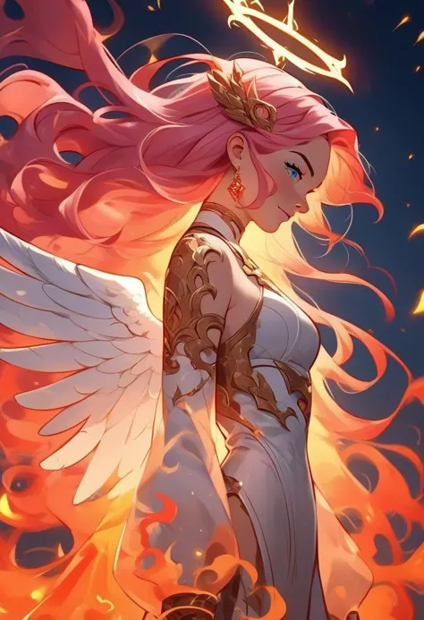 a woman with pink hair and wings standing in front of a fire