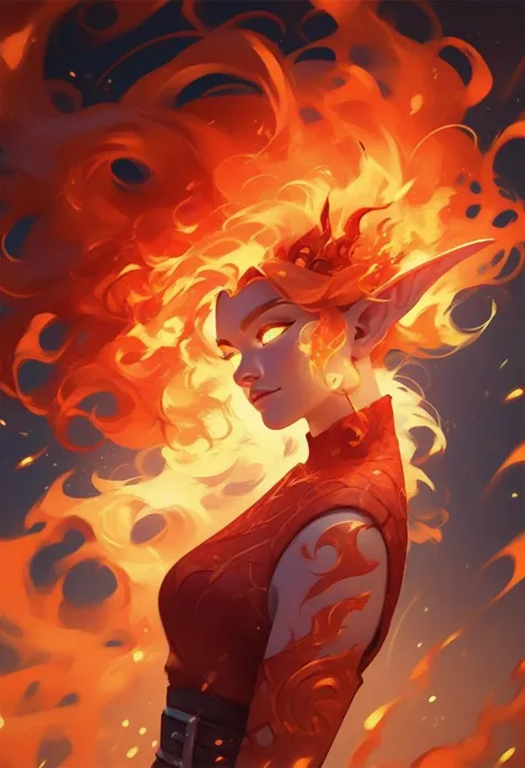 a woman with red hair and a red dress is surrounded by flames