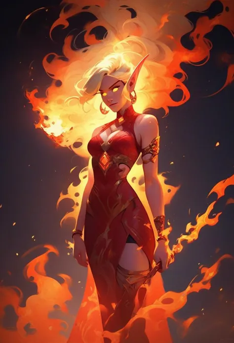 a woman in a red dress with flames around her