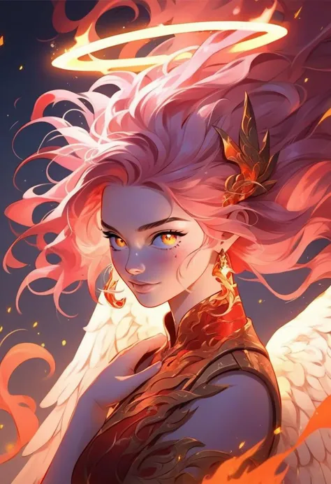 a woman with pink hair and angel wings in a red dress