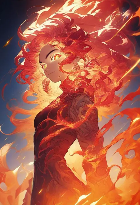 a woman with red hair and a black top is standing in front of a fire