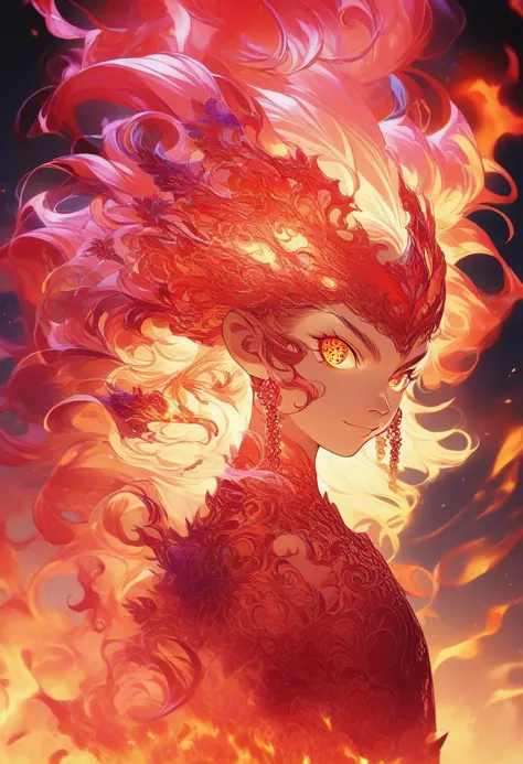 a woman with red hair and a red dress is surrounded by flames