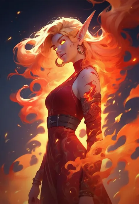 a woman with long blonde hair and a red dress is standing in front of a fire