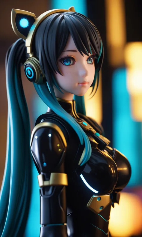 Realista,obra maestra,1,solo,cgmec,Ojos bonitos,robot,armadura,Hatsune Miku,Luz de neón,8K,CRUDO,mejor calidad,obra maestra,resolución ultraalta,Vistoso,(Plano amplio medio),(Perspectiva dinámica),enfoque nítido,(profundidad de campo, bokeh:1.3),ojos y rostro extremadamente detallados,hermosos ojos detallados,(oro negro, engranaje recortado:1.2),(En una fábrica de armas futurista:1.2),((obra maestra, mejor calidad)),antecedentes detallados,interior de la nave espacial,(figurilla),