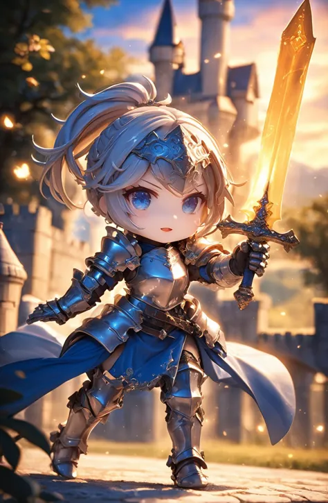 a girl in armor holding a sword in front of a castle