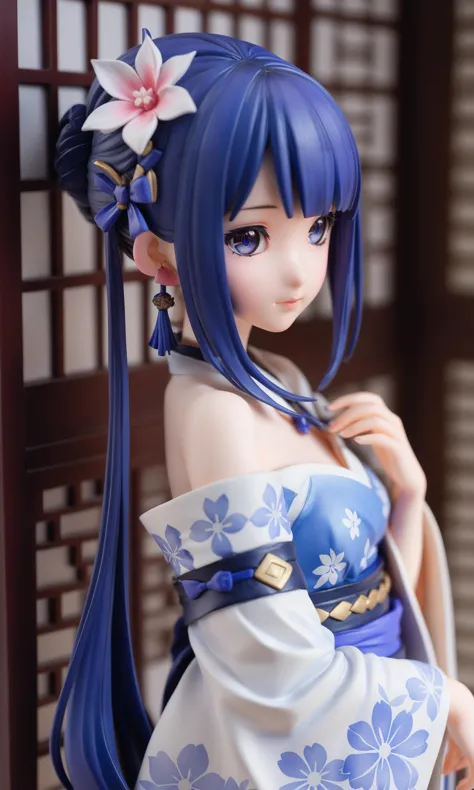 a close up of a doll with a blue hair and a white dress