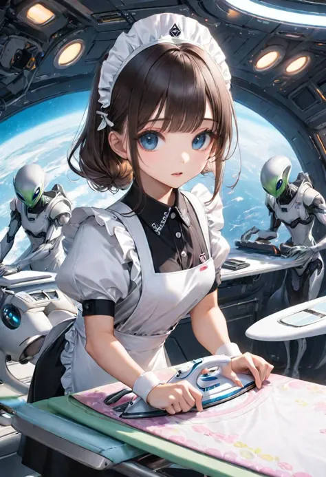 {(cute maid {ironing the clothes on the ironing board inside an alien spaceship:1.5)}, {(best quality detailed masterpiece:1.5)}...