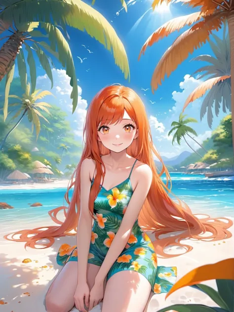 1girl, orange,redhead , very long hair,   , Design a tropical paradise scene, with palm trees, crystal-clear water, and a sandy ...