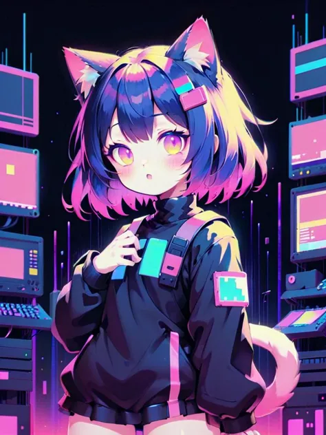 a girl with a cat ears and a black shirt standing in front of a bunch of monitors