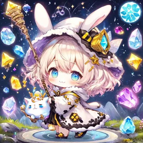 walking cute fluffy chibi kitten wizard hat, holding a zappy magic sugar staff, happy, magic circle, very cute eyes, sparkling eyes, highly detailed, side view, full body, niohxlguardiansprt, bunny girl, cow fur, magical kitten robe of secrets, bumblebee friends, fairy whiskers, crystal rocks, magic book, ng_deepnegative_v1_75t, ChristmasQuiron style