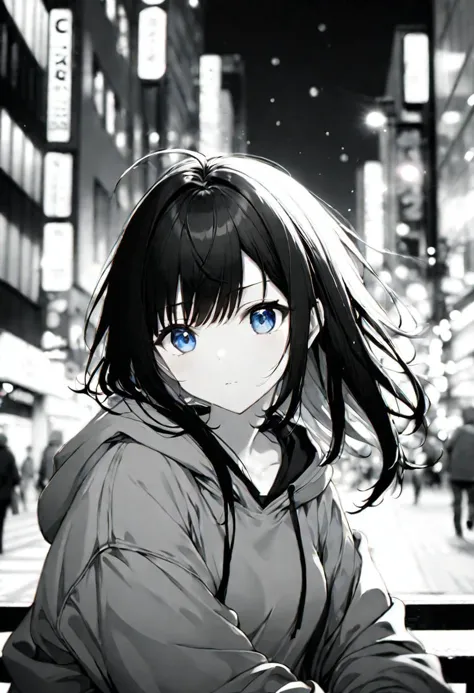 black and white hoodie), adult female, blue eyes, long black hair, bangs, innocent, BREAK, cool colours, , BREAK, wallpaper, cit...