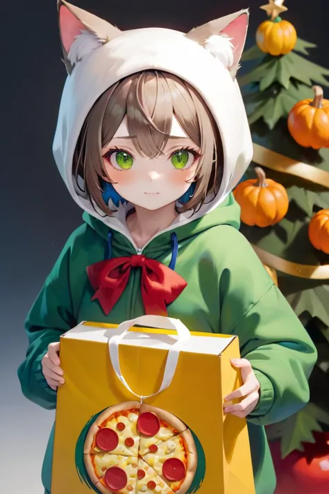 cat girl,red bow,blue brooch,pizza box,yellow bowtie,green hoodie,holly,trick or treat,christmas tree,cat hat,holding sack,bunny earrings,release date,white necktie,pom pom earrings,setsubun,reindeer hood,<lora:AI_Overlord_Santas_-_The_Green_Team_LoRA:1>,greenteam,