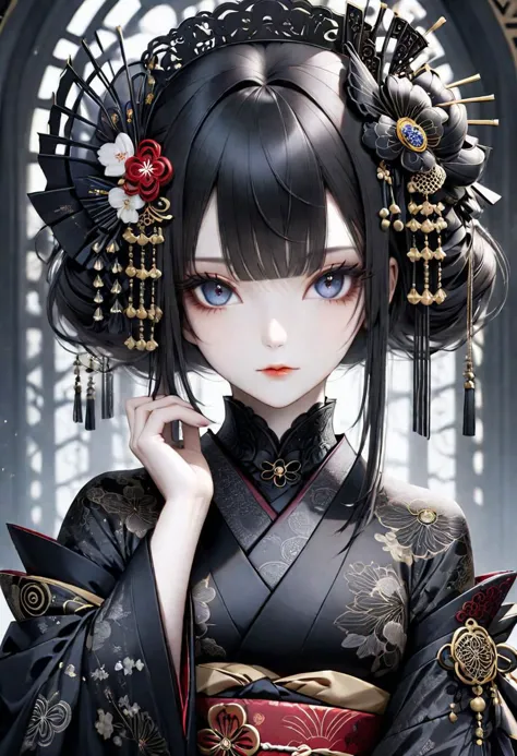 {(face closeup of the {(gothic geisha:1.5)} with dark hair, {pale skin}, wearing an ({alluring dark kimono} with {intricate {del...