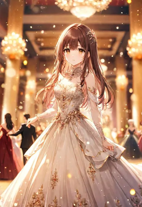 ball gown dress, holding hands), adult female, soft brown eyes eyes, long dark brown hair, BREAK, warm colours, , BREAK, wallpap...