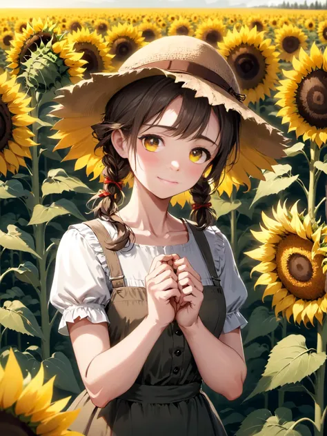 a beautiful girl, a field of sunflowers, beautiful pioneer girl, sign in hands with label "fuck me"