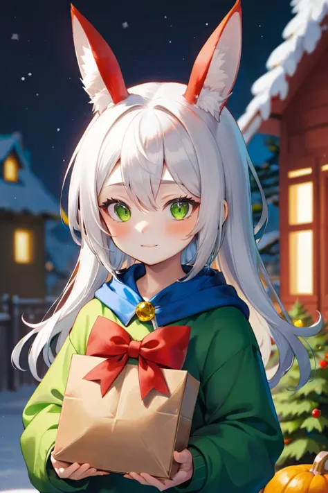 a girl with white hair and green eyes holding a brown box