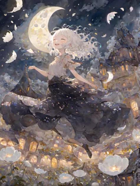(SimplePositiveXLv1:0.8),1girl,solo,white hair,solo,smile,intricate skirt,((flying petals)),(Flowery meadow) sky, cloudy_sky, building, moonlight, moon, night, (dark theme:1.3), light, fantasy