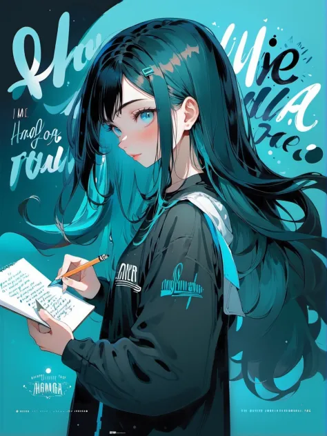 1girl, aqua,blue black , long hair,   , Create an image featuring hand-lettered typography, with expressive, custom lettering an...