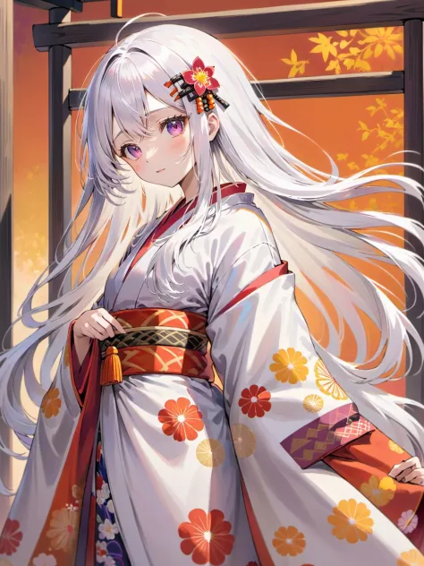 girl with long,flowing white hair stands gracefully in a traditional setting. She is dressed in a beautiful kimono,adorned with intricate patterns and vibrant colors. The kimono's fabric drapes elegantly around her,reflecting the rich cultural heritage of ...