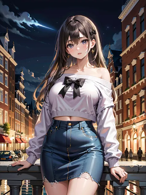 1girl,off-shoulder sweater long skirt,horror palaces nighttime, ,military sweatshirt jeans bow in hair loafers, ,jet hair, very long hair,  disheveled hair,  bangs, ,perfect voluptuous huge boob, ,dutch angle,