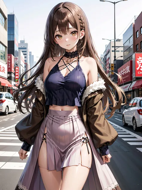 1girl,fur coat,japanese Akihabara city daytime, ,lace knit long skirt choker , ,brown hair, absurdly long hair, flipped hair, tw...