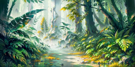 painting of a jungle scene with a stream and trees