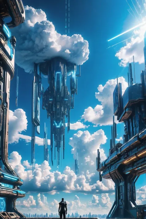 a man standing in front of a futuristic city with clouds