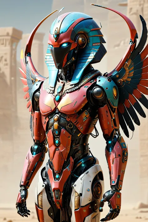 photorealistic, detailed digital illustration of a <lora:EgyptPunkAIp:0.8> egyptpunkai cyborg with massive wings, <lora:Faceless...