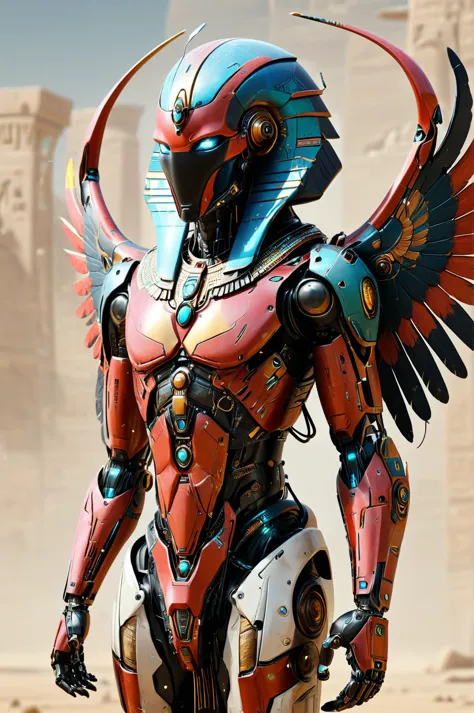 a close up of a robot with wings on a desert