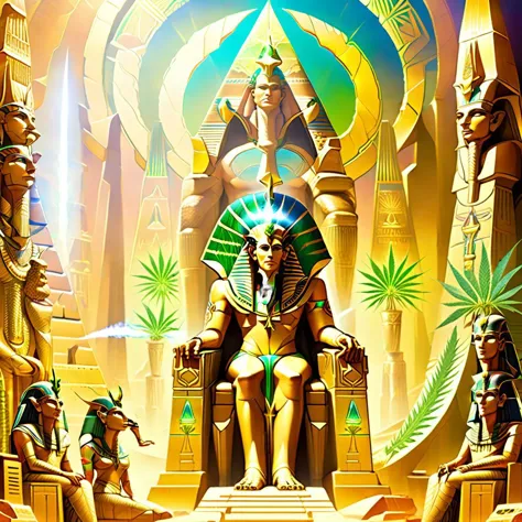 an egyptian scene with a pharaoh sitting on a throne surrounded by egyptian gods