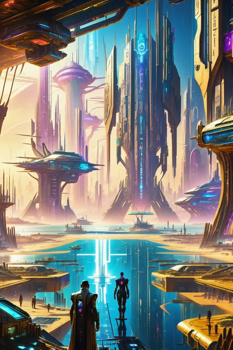 a painting of a futuristic city with a man and a woman standing on a dock