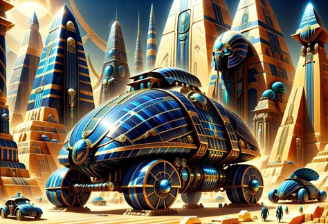 ObsidianMarble, photograph, cinematic, steampunk, great,amazing scifi city at the end of time, blue stripes, scarab cars