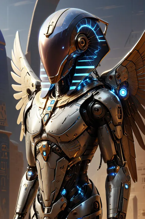 photorealistic, detailed digital illustration of a <lora:EgyptPunkAIp:0.7> egyptpunkai cyborg with massive wings, <lora:Faceless...