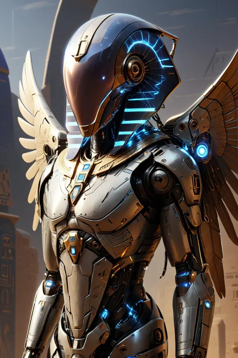 a close up of a robot with wings on a city street