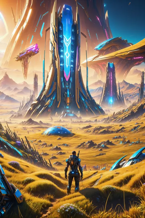 a man standing in front of a futuristic landscape with a giant structure