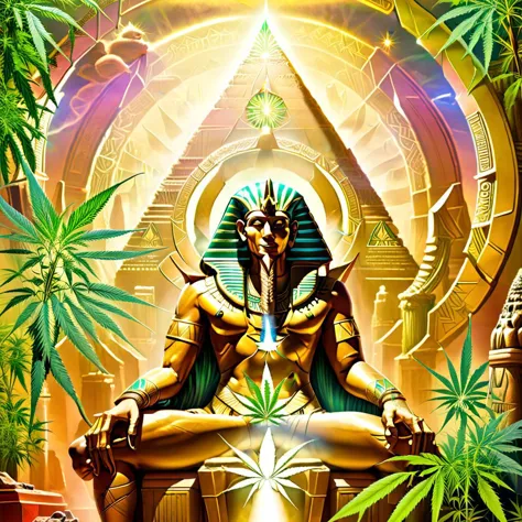 an egyptian pharaoh sitting in a chair surrounded by marijuana leaves