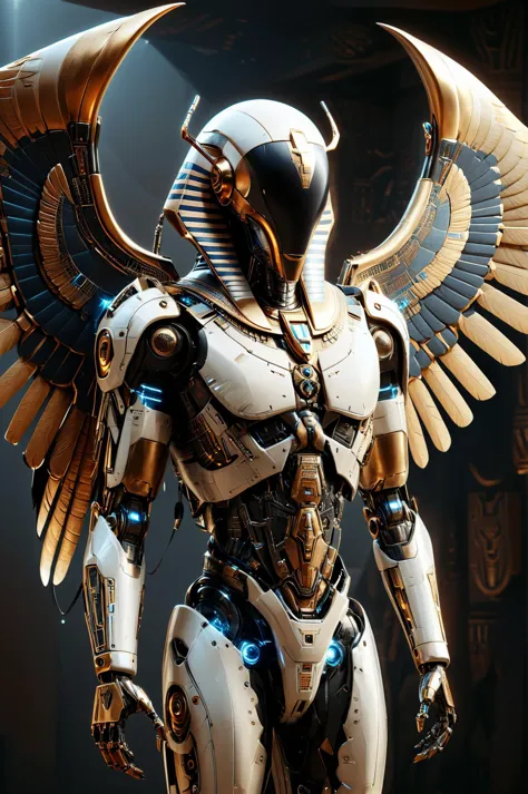 photorealistic, detailed digital illustration of a <lora:EgyptPunkAIp:0.7> egyptpunkai cyborg with massive wings, <lora:Faceless...