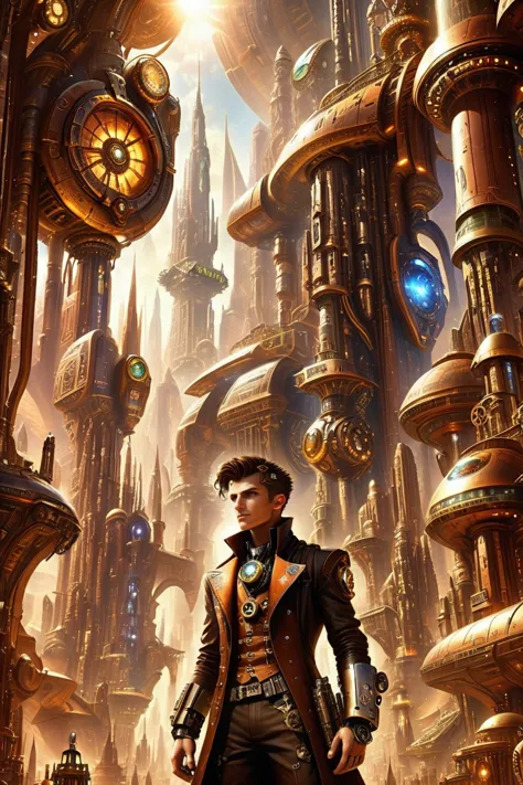 a man in a long coat standing in front of a futuristic city