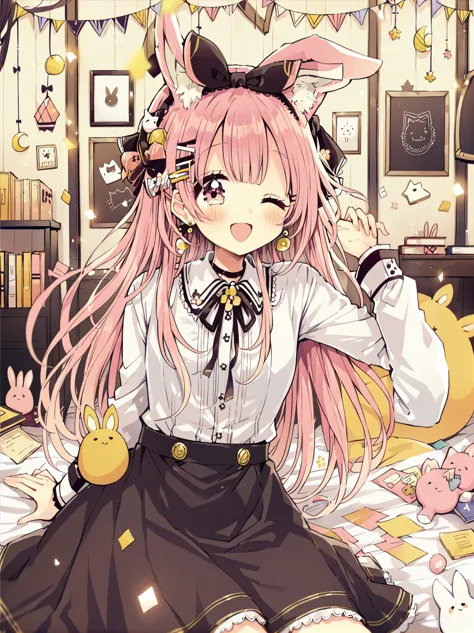 masterpiece,best quality,highest quality,best anatomy,sakura oriko,<lora:OPP	0J00SSDXL_LoHA>,1girl,one eye closed,animal ears,pink hair,solo,jewelry,smile,earrings,hair ornament,blush,long hair,stuffed toy,open mouth,black bow,looking at viewer,stuffed animal,bow,long sleeves,shirt,hair bow,pink eyes,bangs,stuffed bunny,hairclip,white shirt,cat ears,animal ear fluff,ribbon,multicolored hair,black ribbon,neck ribbon,virtual youtuber,;d,sitting,rabbit hair ornament,collared shirt,crescent,string of flags,