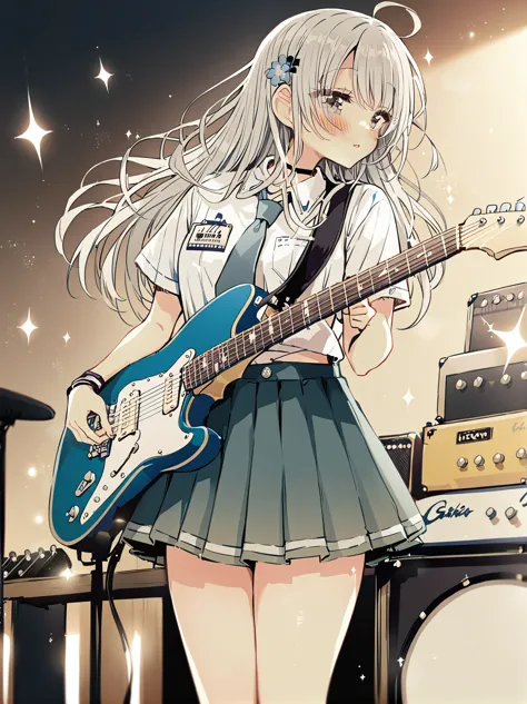 anime girl with a guitar and a guitar stand in front of a microphone