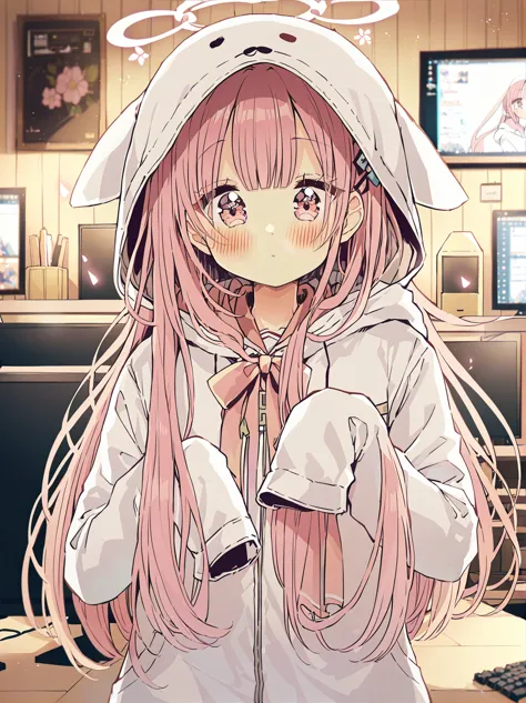 anime girl with pink hair and a white hoodie